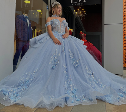 Ball Gown Lace Appliqued Blue Quinceanera Dresses Sweet 16 Birthday Party Gowns HE1937