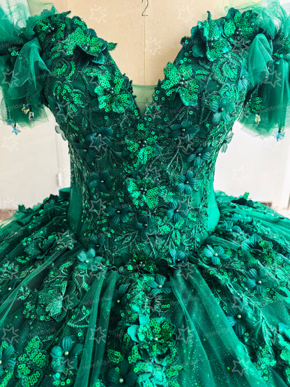 Emerald Green Tulle Appliqued Off Shoulder Quinceanera Dresses for Sweet 16 Party HE967