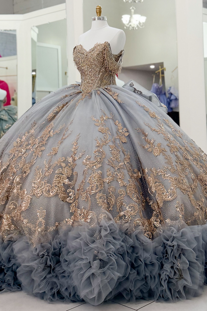 Luxury Lace Crystal Beaded Blue Sweet 16 Quinceanera Dresses with Ruffled HE1606