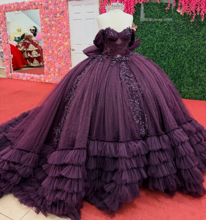 Off Shoulder Glitter Tulle Quinceanera Dress Lace Appliqué Tiered Sweet 16 Party Gown HE1609