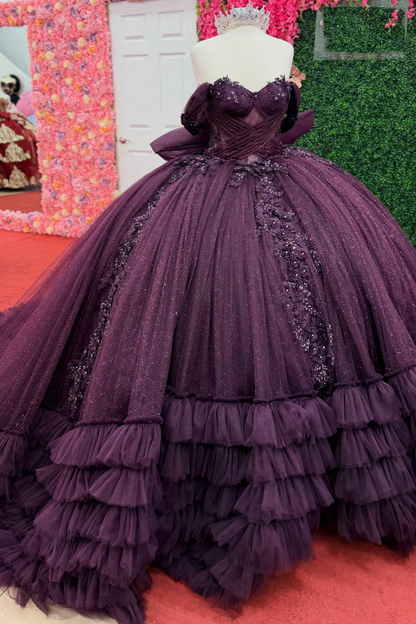 Off Shoulder Glitter Tulle Quinceanera Dress Lace Appliqué Tiered Sweet 16 Party Gown HE1609