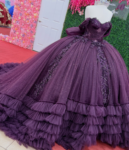 Off Shoulder Glitter Tulle Quinceanera Dress Lace Appliqué Tiered Sweet 16 Party Gown HE1609