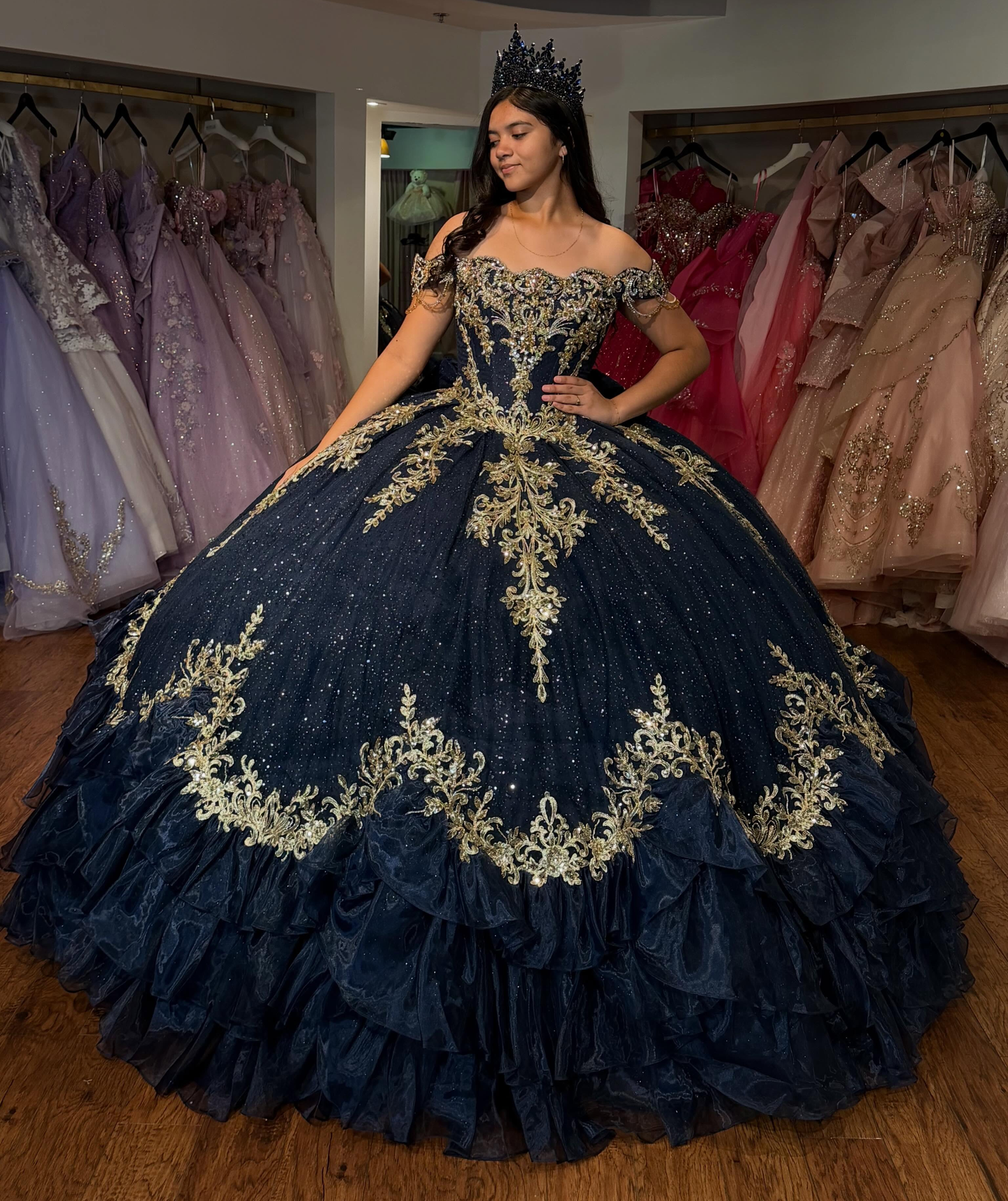 Off Shoulder Lace Appliqued Sweet 16 Princess Quinceanera Dresses with Ruffled HE1695