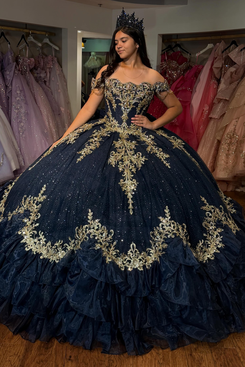 Off Shoulder Lace Appliqued Sweet 16 Princess Quinceanera Dresses with Ruffled HE1695