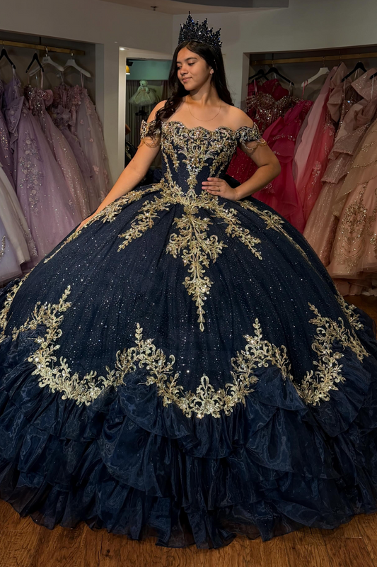 Off Shoulder Lace Appliqued Sweet 16 Princess Quinceanera Dresses with Ruffled HE1695