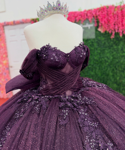 Off Shoulder Glitter Tulle Quinceanera Dress Lace Appliqué Tiered Sweet 16 Party Gown HE1609