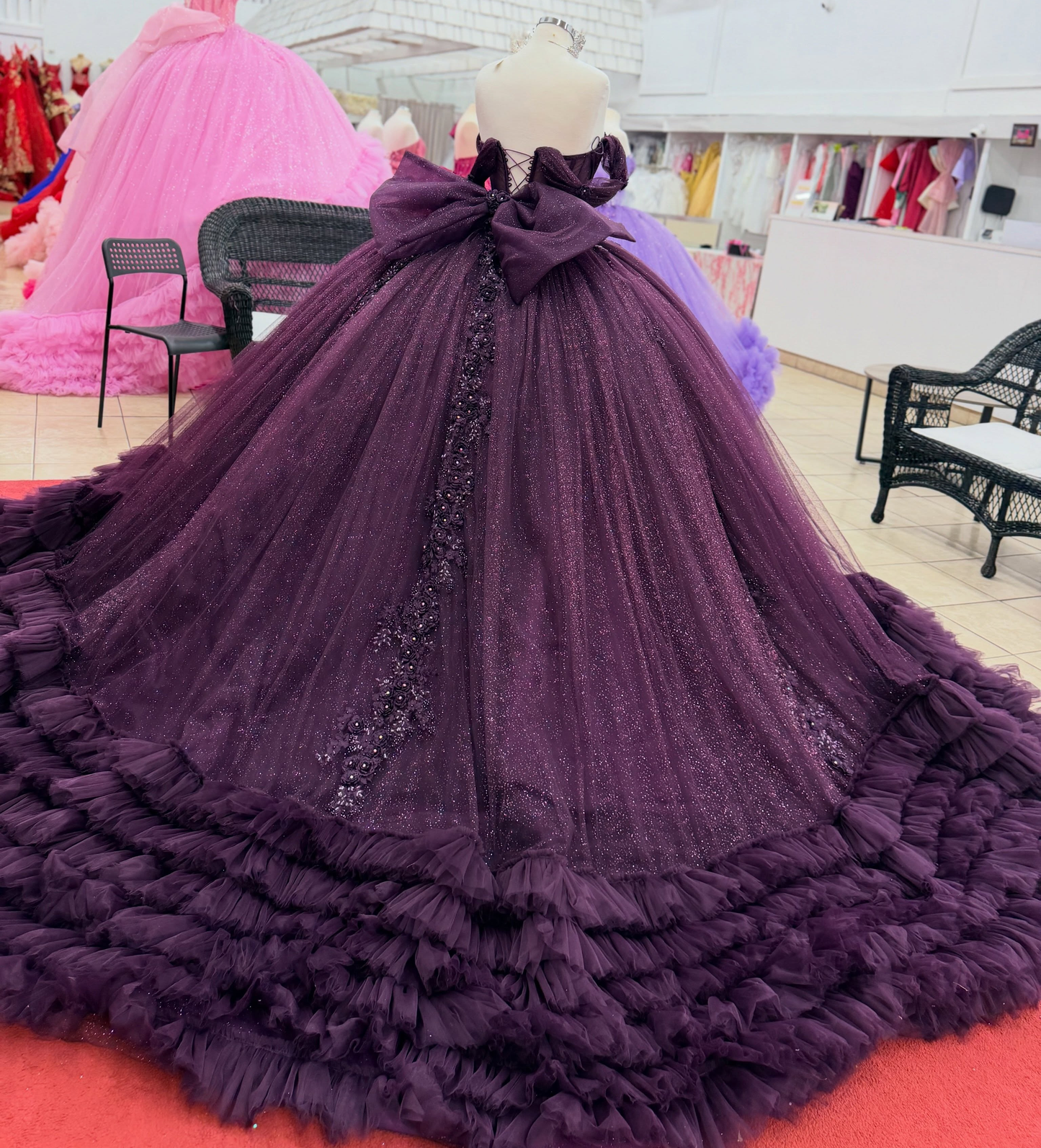 Off Shoulder Glitter Tulle Quinceanera Dress Lace Appliqué Tiered Sweet 16 Party Gown HE1609