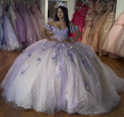 Ball Gown Glittery Tulle 3D Flower Sweet 16 Lilac Quinceanera Dresses with Lace Appliqued HE1613
