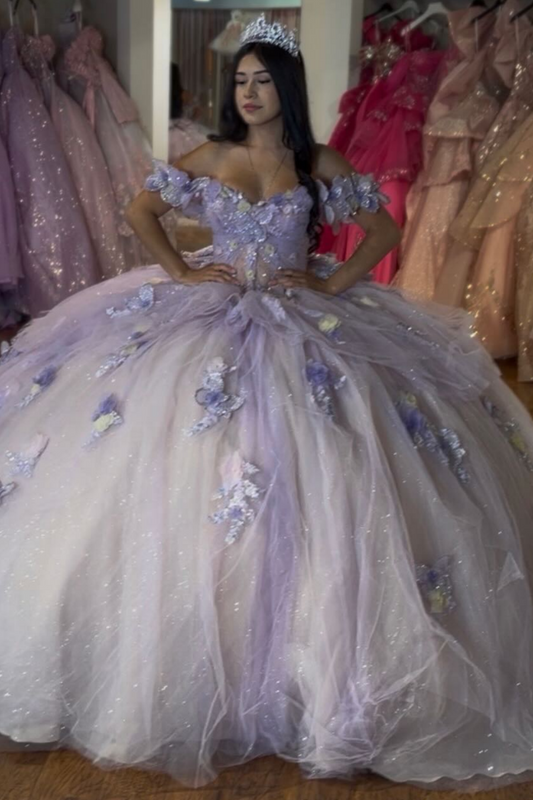 Ball Gown Glittery Tulle 3D Flower Sweet 16 Lilac Quinceanera Dresses with Lace Appliqued HE1613