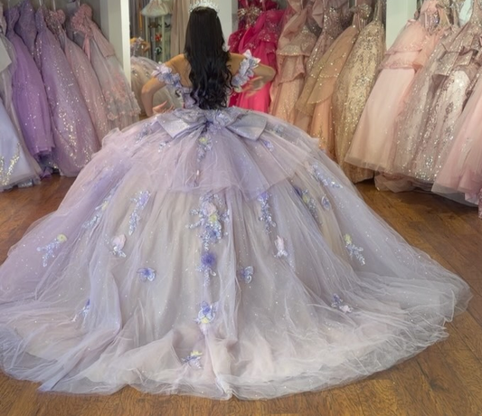 Ball Gown Glittery Tulle 3D Flower Sweet 16 Lilac Quinceanera Dresses with Lace Appliqued HE1613