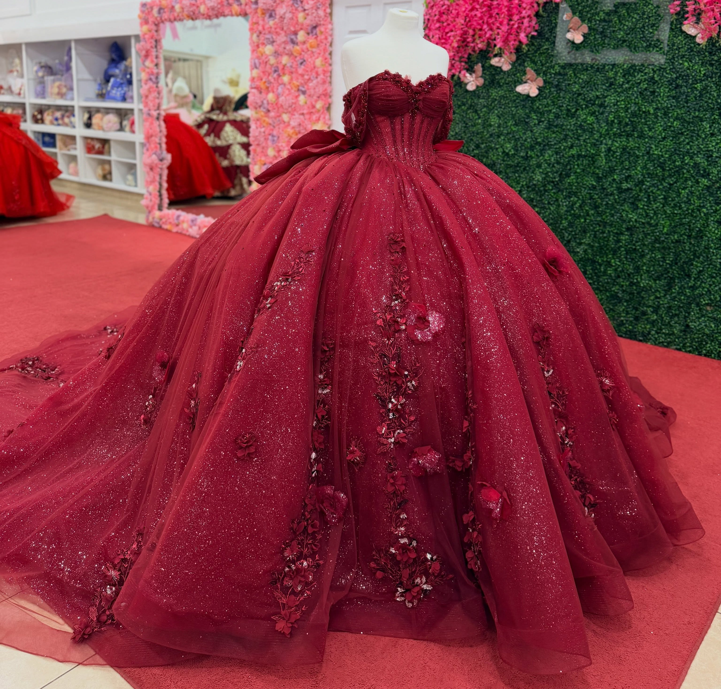 Sweet 16 Red 3D Flower Lace Appliqued Quinceanera Dresses for Birthday Party HE1608