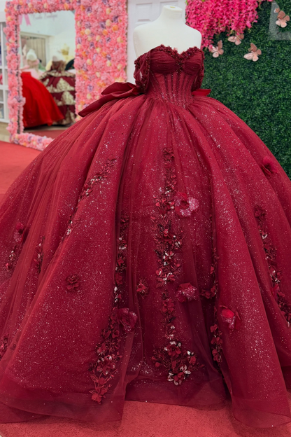 Sweet 16 Red 3D Flower Lace Appliqued Quinceanera Dresses for Birthday Party HE1608