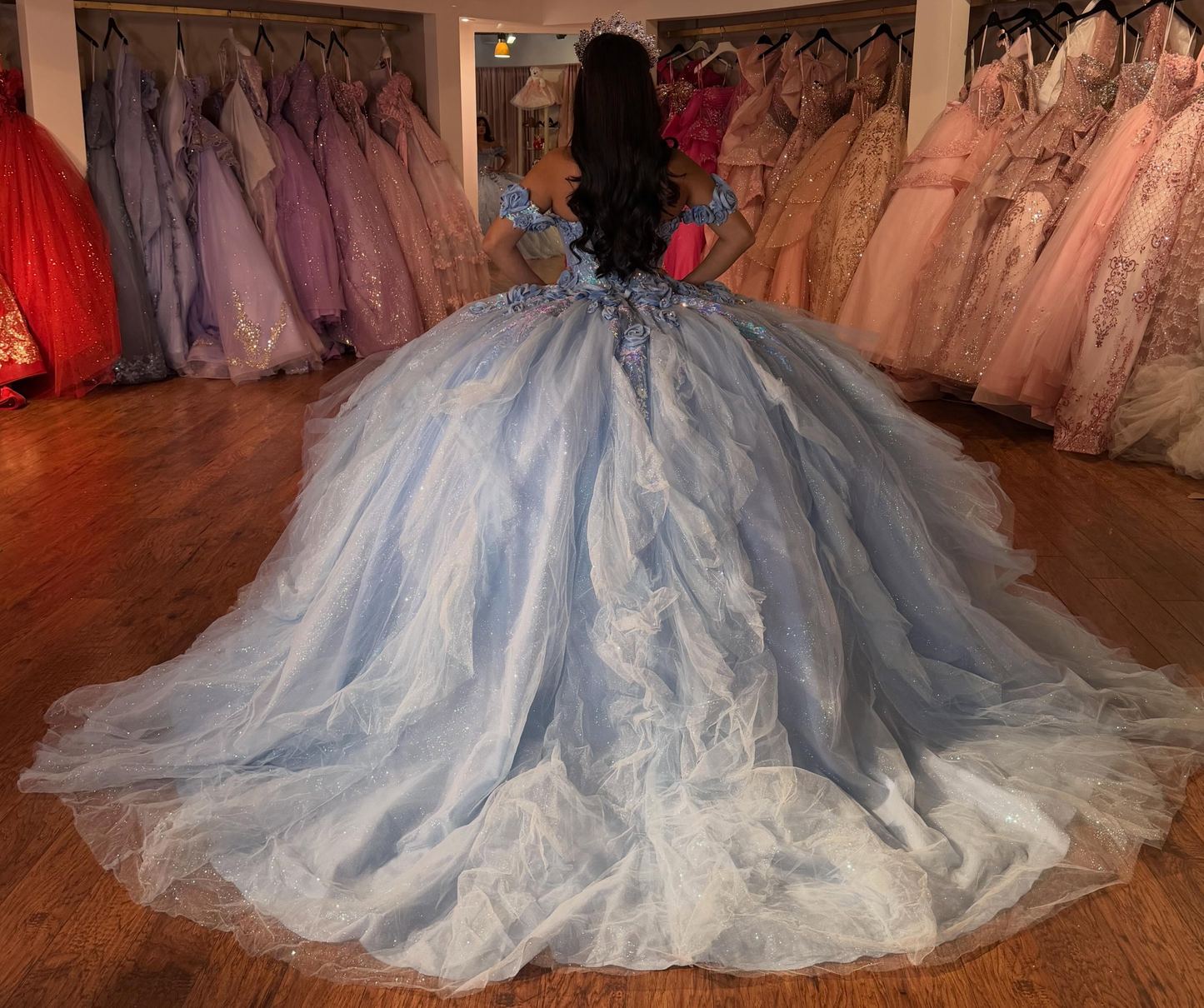 Ball Gown Off Shoulder Tulle Blue Sweet 16 Quinceanera Dresses for Birthday Party HE1612