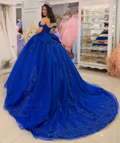 Glittery Tulle Lace Appliqued Blue Quinceanera Dresses Off Shoulder Sweet 15 Party Gowns HE1666