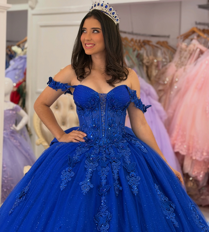 Glittery Tulle Lace Appliqued Blue Quinceanera Dresses Off Shoulder Sweet 15 Party Gowns HE1666