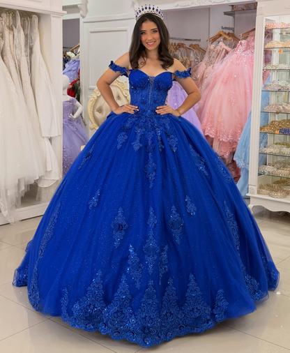 Glittery Tulle Lace Appliqued Blue Quinceanera Dresses Off Shoulder Sweet 15 Party Gowns HE1666