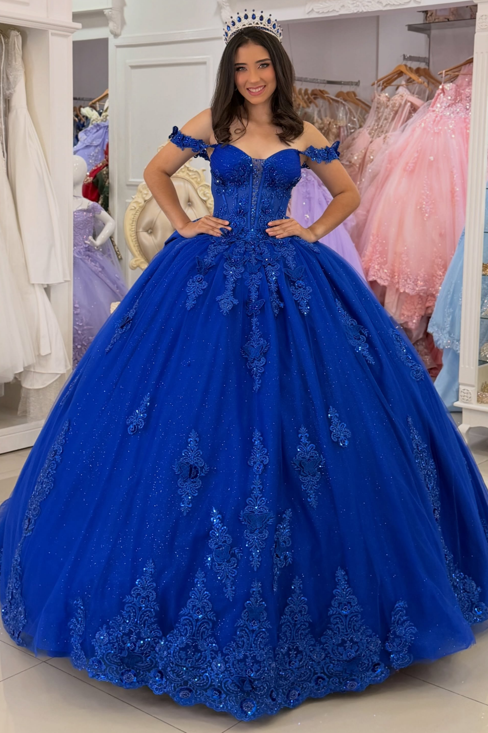 Glittery Tulle Lace Appliqued Blue Quinceanera Dresses Off Shoulder Sweet 15 Party Gowns HE1666