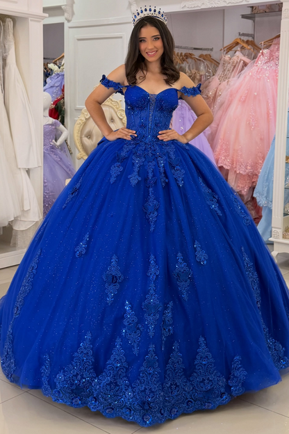 Glittery Tulle Lace Appliqued Blue Quinceanera Dresses Off Shoulder Sweet 15 Party Gowns HE1666