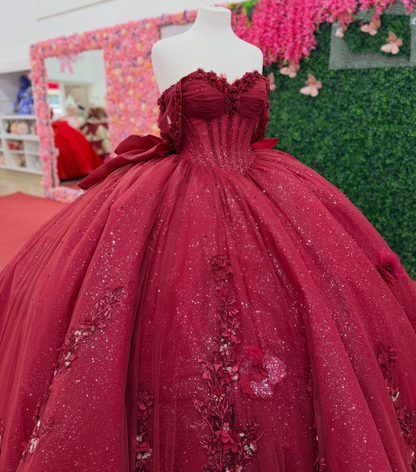 Sweet 16 Red 3D Flower Lace Appliqued Quinceanera Dresses for Birthday Party HE1608