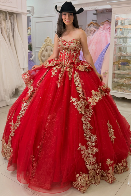 Sweetheart Ball Gown Lace Appliqued Red Quinceanera Dresses for Sweet 15 HE1665