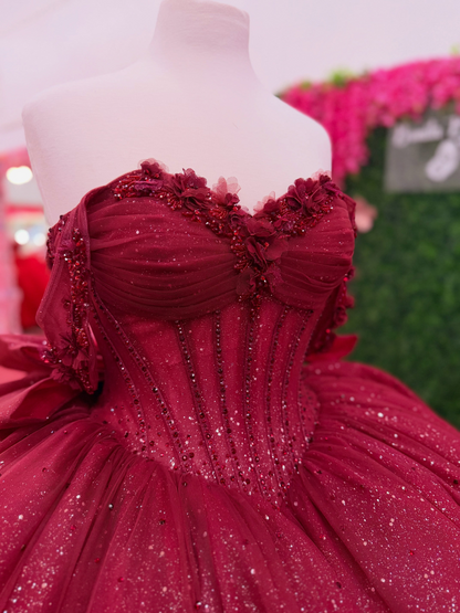 Sweet 16 Red 3D Flower Lace Appliqued Quinceanera Dresses for Birthday Party HE1608