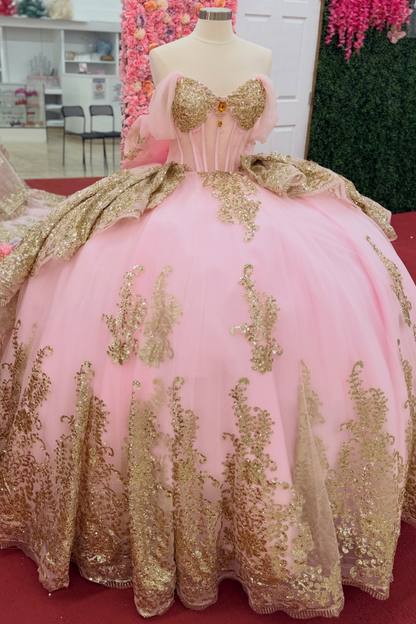 Off Shoulder Appliqued Tiered Pink Quinceanera Dresses Sweet 15 Tulle Birthday Gowns HE1672