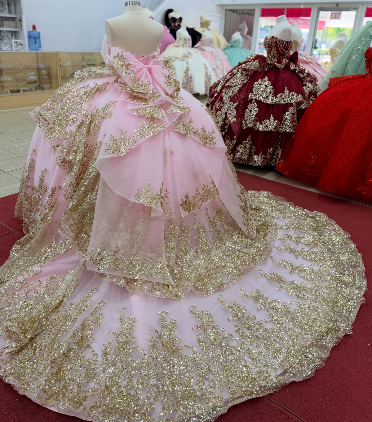 Off Shoulder Appliqued Tiered Pink Quinceanera Dresses Sweet 15 Tulle Birthday Gowns HE1672