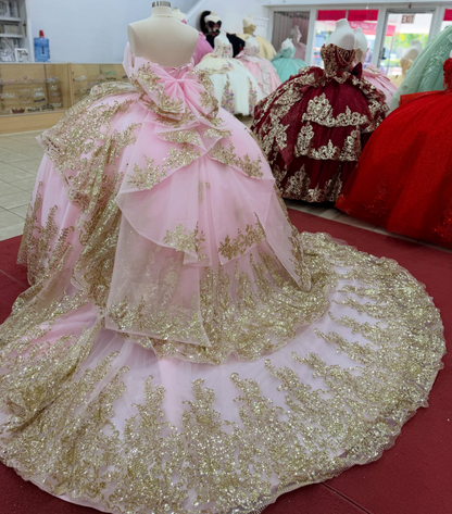 Off Shoulder Appliqued Tiered Pink Quinceanera Dresses Sweet 15 Tulle Birthday Gowns HE1672