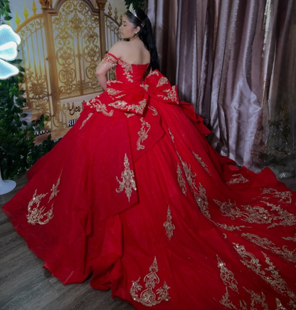 Off Shoulder Lace Appliqued Red Quinceanera Dresses Sweet 16 Celebration Gowns HE1681