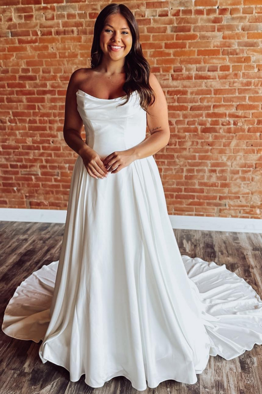 Strapless A Line Satin Wedding Dresses Sweeetheart Boho Wedding Gowns for Bride HE1790