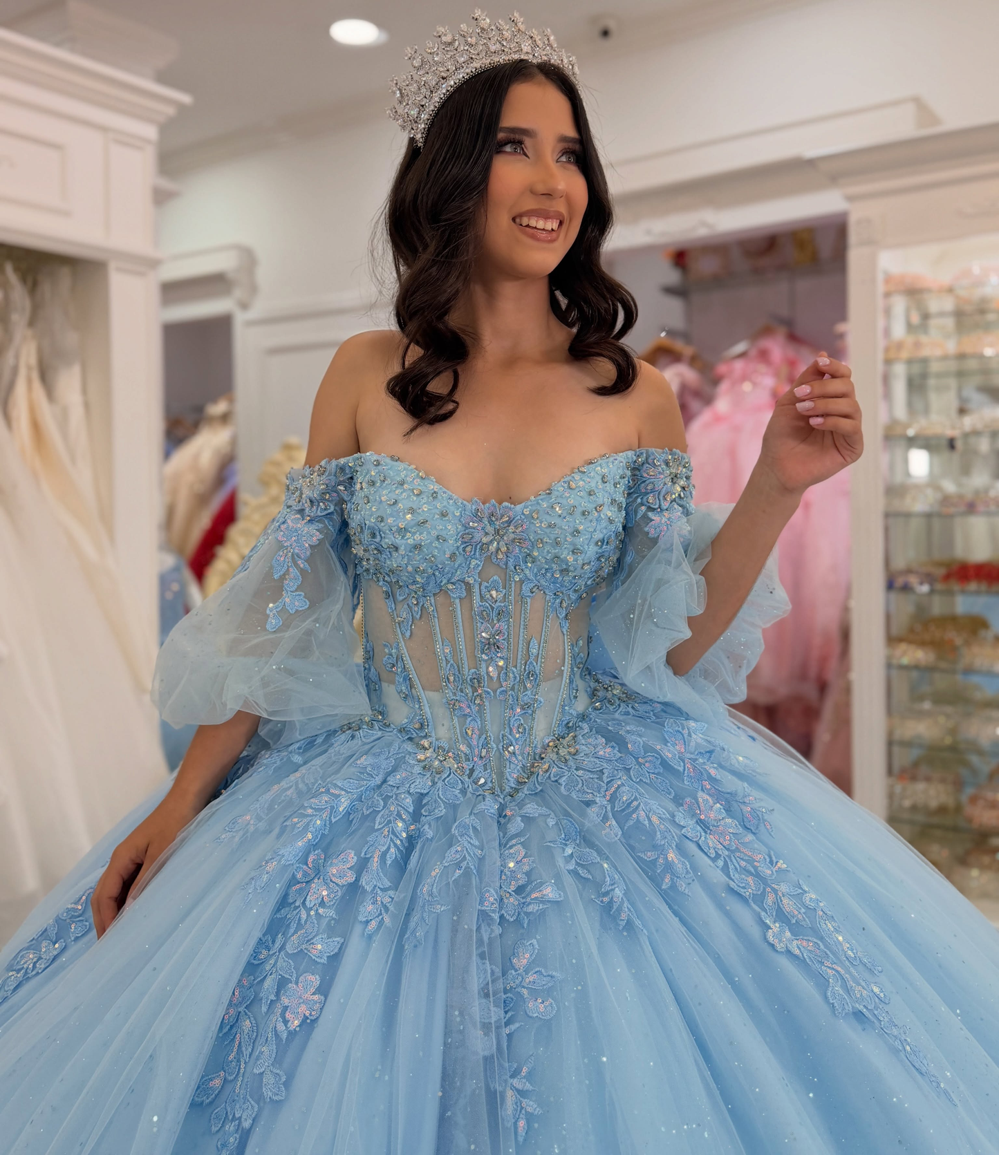 Vestidos de quinceañera con hombros descubiertos, tul princesa, apliques, vestidos de quinceañera HE530