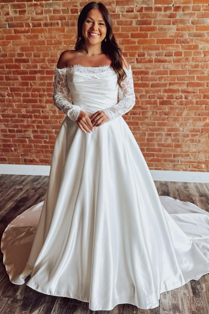 Long Sleeves A Line Wedding Dresses Satin Lace Appliqued Wedding Gowns HE1789
