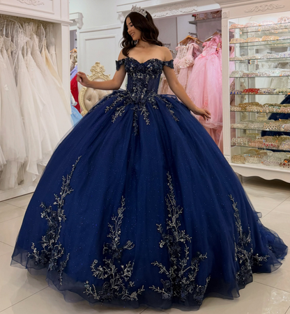 Ball Gown Lace Appliqued Tulle Navy Quinceanera Dresses Princess Sweet 15 Birthday Gowns HE1668