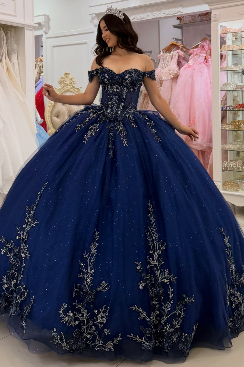 Ball Gown Lace Appliqued Tulle Navy Quinceanera Dresses Princess Sweet 15 Birthday Gowns HE1668