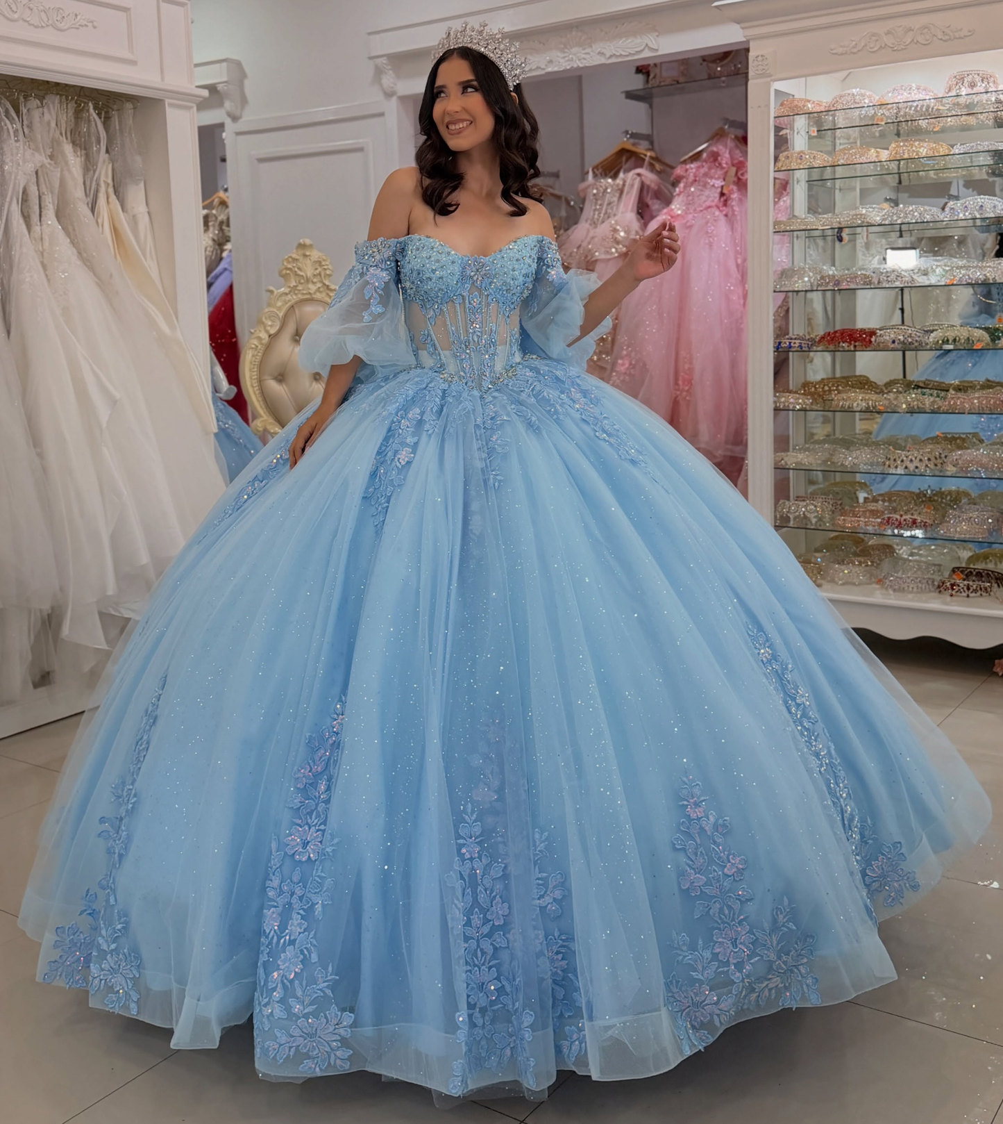Vestidos de quinceañera con hombros descubiertos, tul princesa, apliques, vestidos de quinceañera HE530