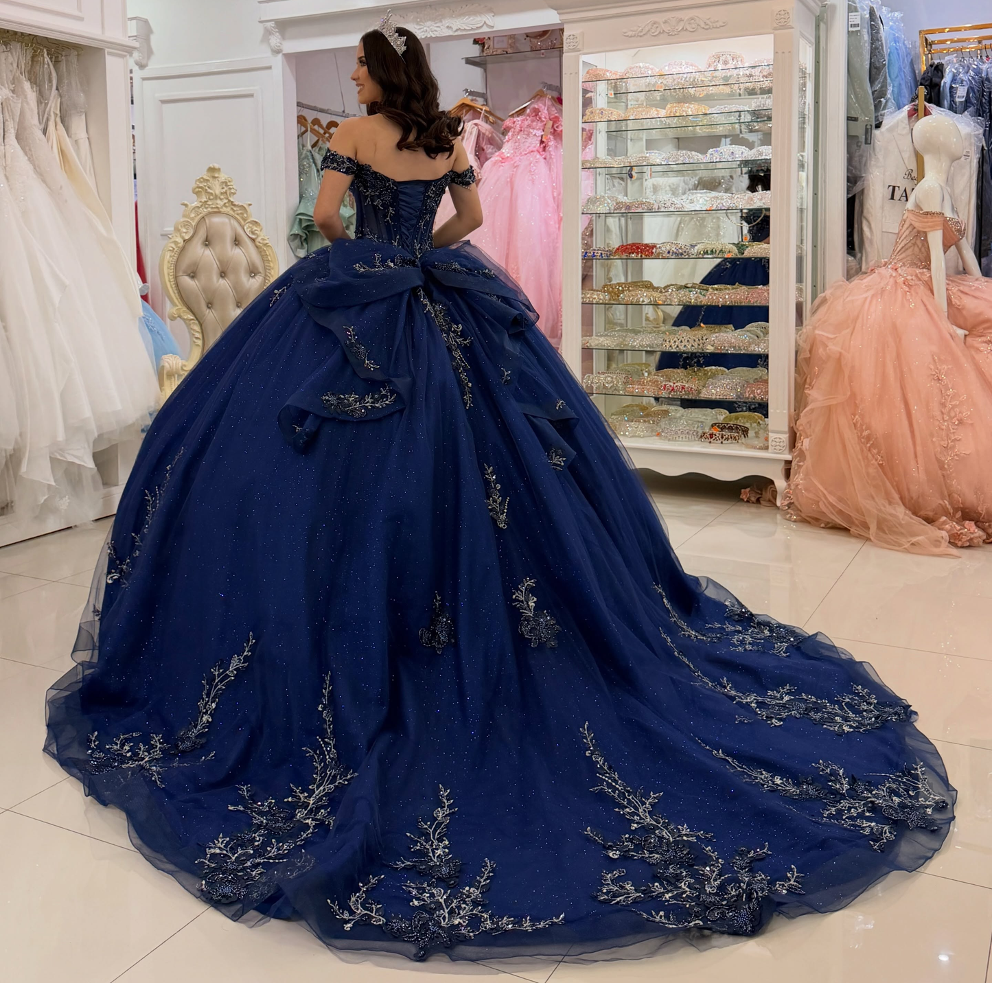 Ball Gown Lace Appliqued Tulle Navy Quinceanera Dresses Princess Sweet 15 Birthday Gowns HE1668