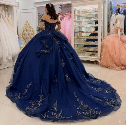 Ball Gown Lace Appliqued Tulle Navy Quinceanera Dresses Princess Sweet 15 Birthday Gowns HE1668
