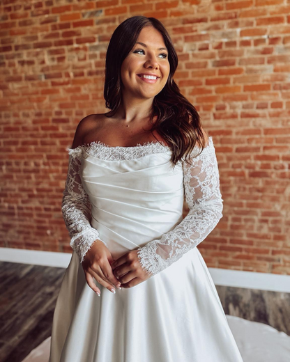 Long Sleeves A Line Wedding Dresses Satin Lace Appliqued Wedding Gowns HE1789