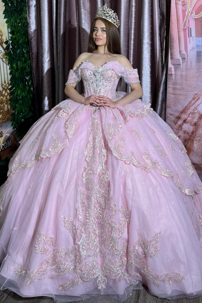 Off Shoulder Lace Appliqued Pink Quinceanera Dresses Sweet 16 Birthday Party Gown HE1679