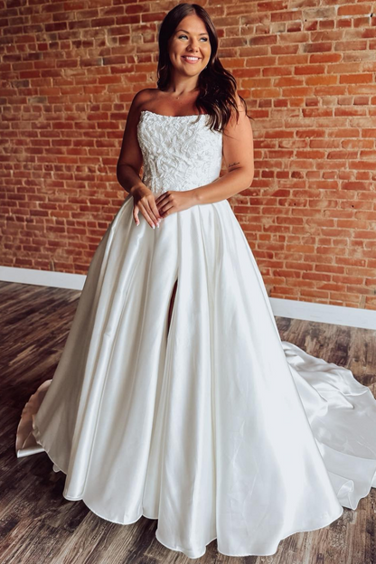 A Line Satin Boho Wedding Dresses Strapless Appliqued Beaded Wedding Gowns for Bride HE1791
