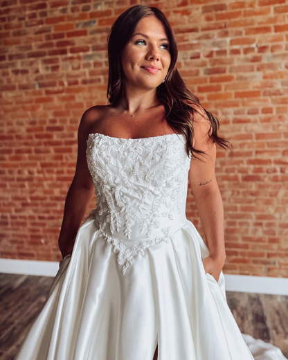 A Line Satin Boho Wedding Dresses Strapless Appliqued Beaded Wedding Gowns for Bride HE1791