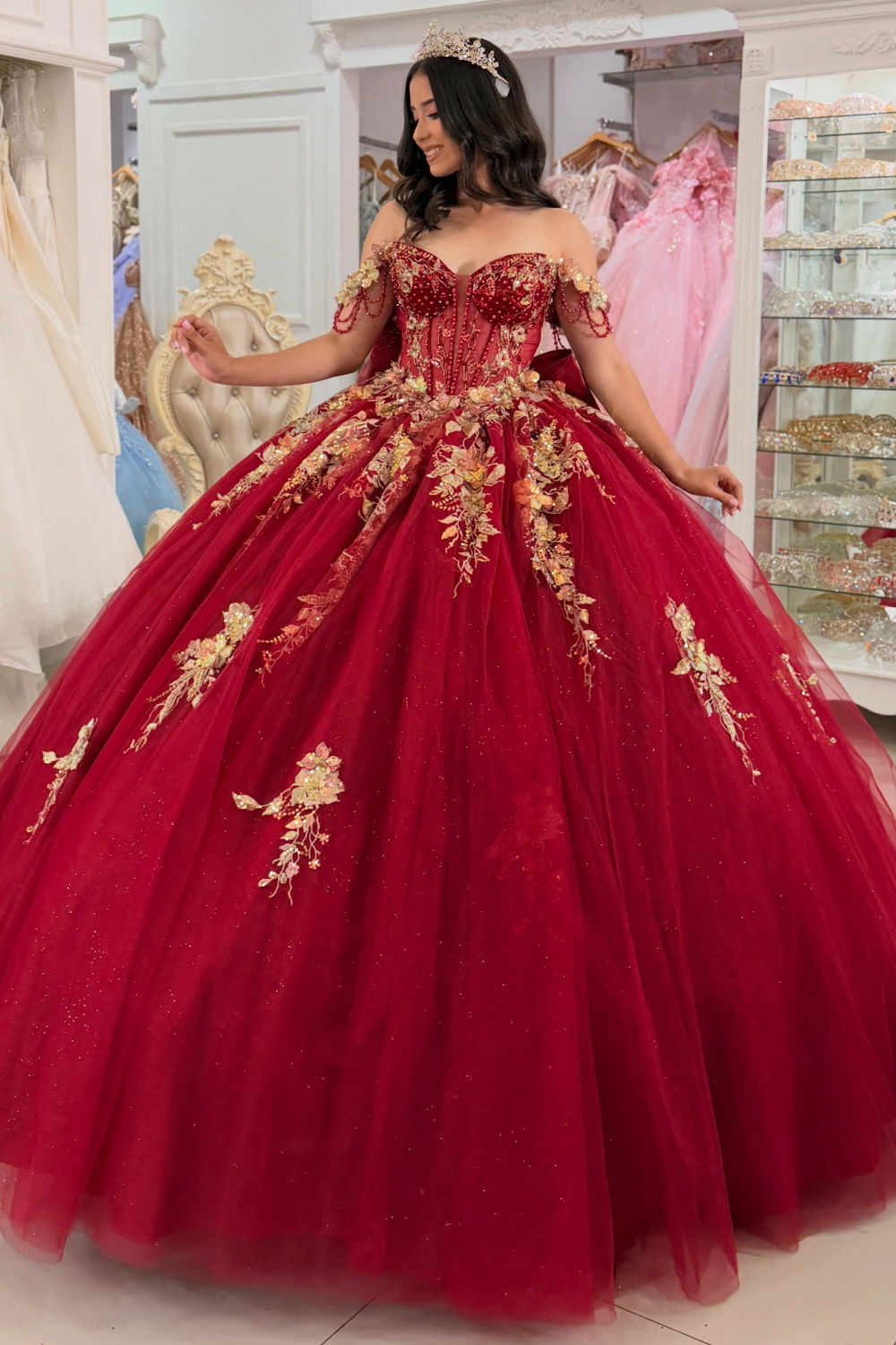 Ball Gown Lace Appliqued Quinceanera Dresses Off Shoulder Sweet 16 Red Party Gowns HE1674