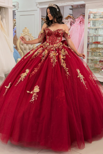 Ball Gown Lace Appliqued Quinceanera Dresses Off Shoulder Sweet 16 Red Party Gowns HE1674