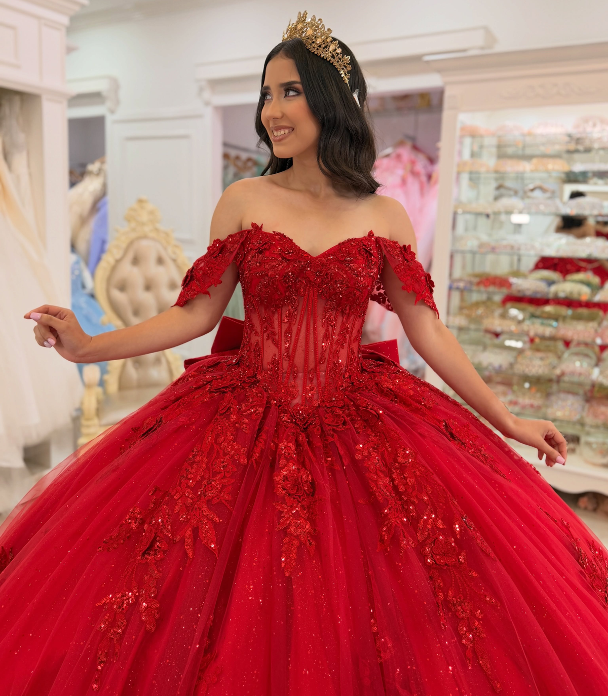 Luxury Glittery Tulle Appliqued Red Quinceanera Dresses Lace Party Gowns for Sweet 16 HE1675