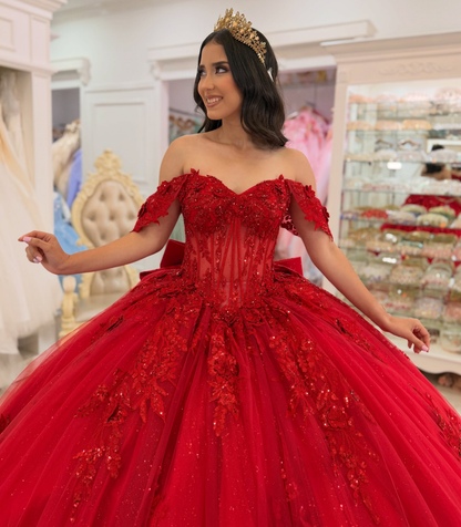 Luxury Glittery Tulle Appliqued Red Quinceanera Dresses Lace Party Gowns for Sweet 16 HE1675