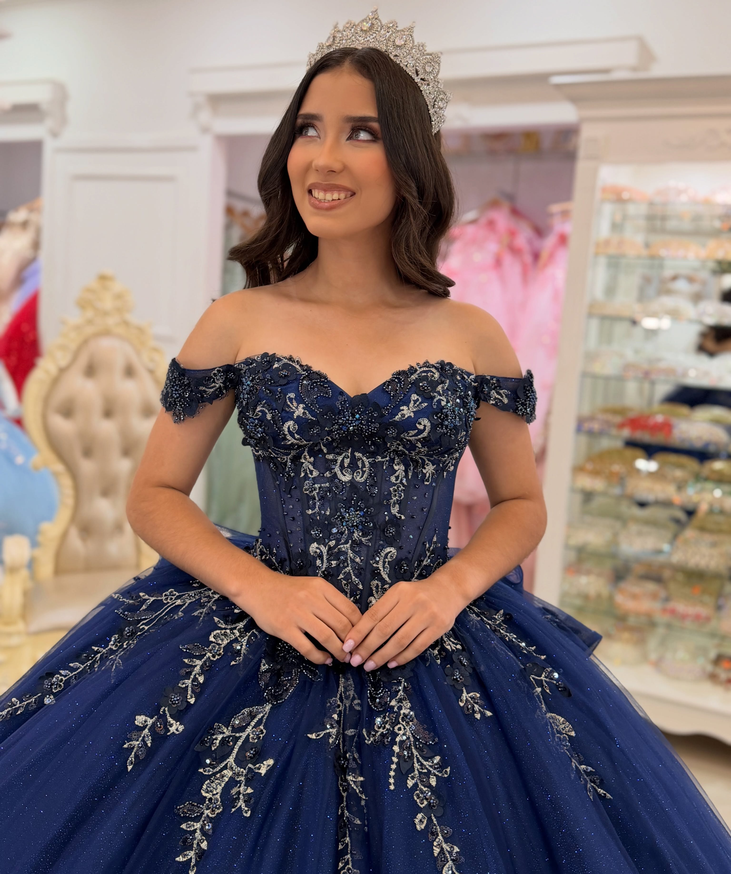 Ball Gown Lace Appliqued Tulle Navy Quinceanera Dresses Princess Sweet 15 Birthday Gowns HE1668