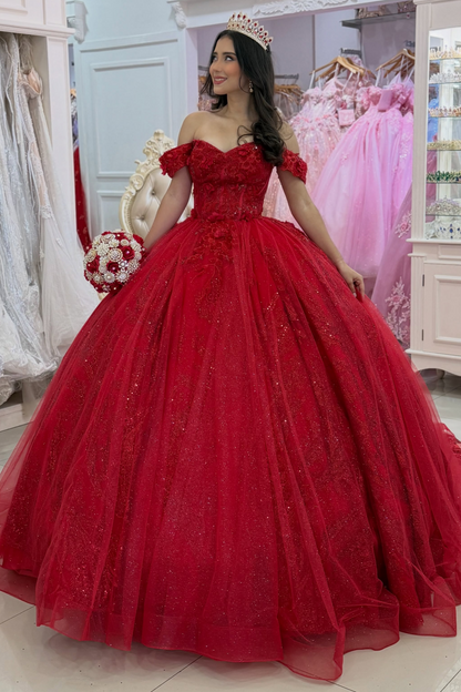 Luxury Glittery Tulle Appliqued Red Quinceanera Dresses Lace Party Gowns for Sweet 16 HE1675
