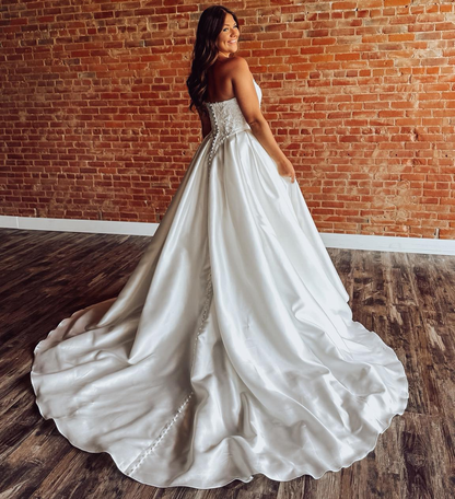 A Line Satin Boho Wedding Dresses Strapless Appliqued Beaded Wedding Gowns for Bride HE1791
