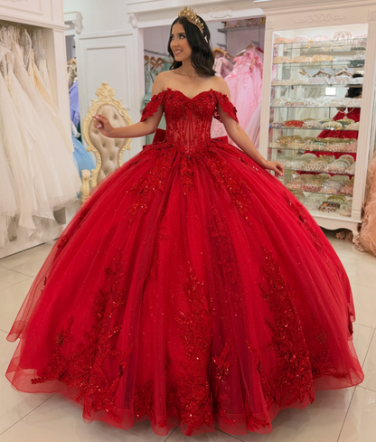 Vestidos de quinceañera con hombros descubiertos, tul princesa, apliques, vestidos de quinceañera HE530