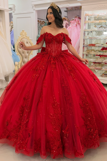 Vestidos de quinceañera con hombros descubiertos, tul princesa, apliques, vestidos de quinceañera HE530